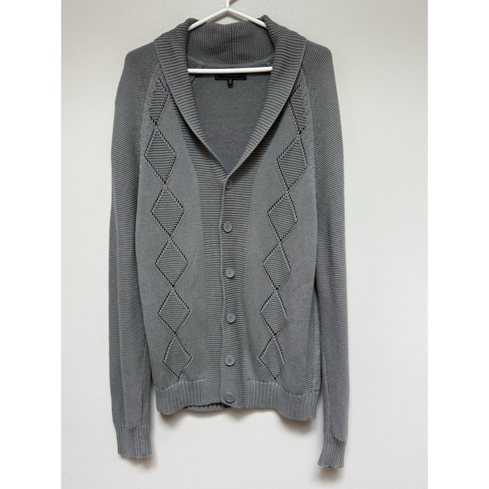 21 Men Grandpa Core Grey Shawl Collar Button Sweater Large Argyle Academia